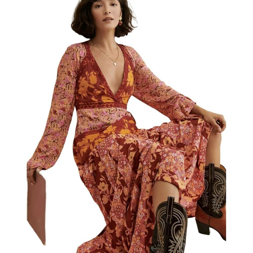 Free People $168 Tilda Wrap Boho Floral Maxi Dress Size Large New